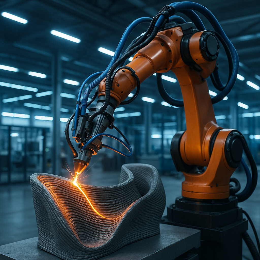 Robotic arm executing multi-axis 3D printing on a curved object in an advanced manufacturing setting