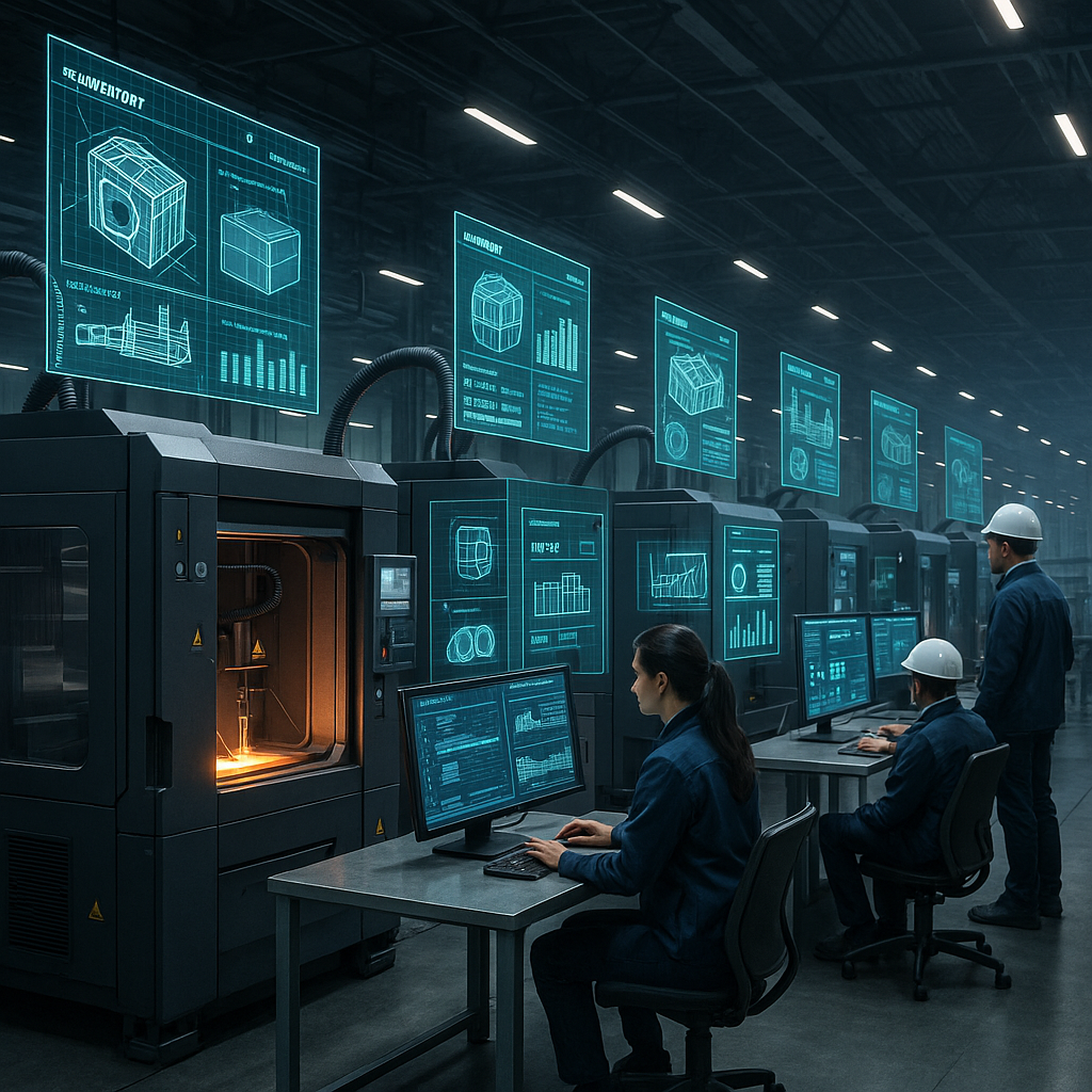 Industrial metal 3D printing facility showcasing distributed manufacturing and digital inventory management