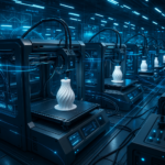 Multiple 3D printers collaboratively printing parts in a synchronized industrial setting