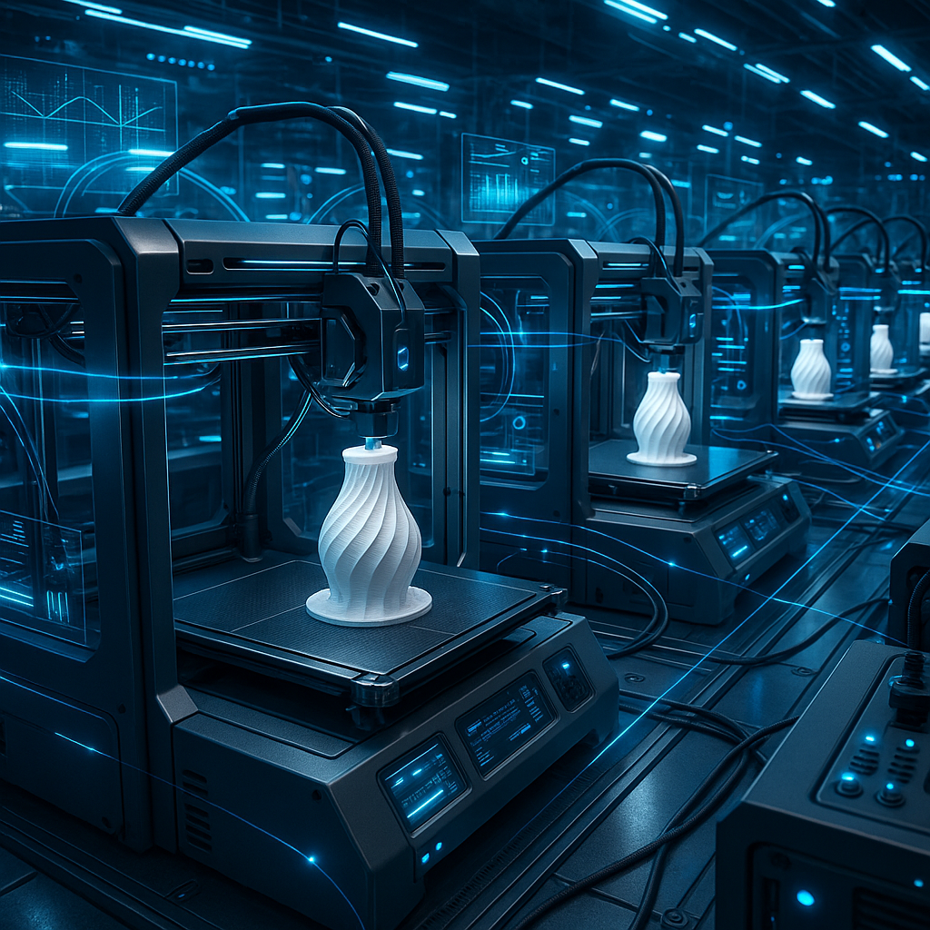 Multiple 3D printers collaboratively printing parts in a synchronized industrial setting