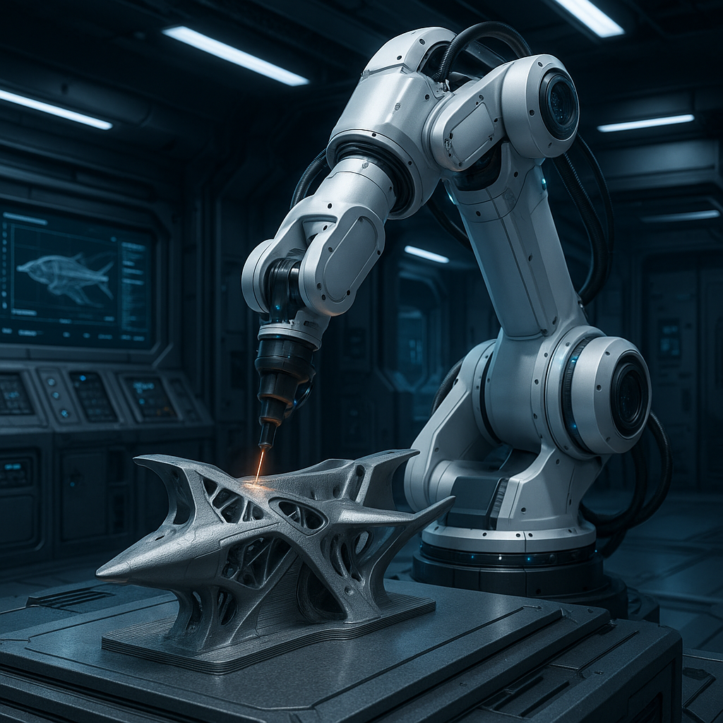 Robotic arm 3D printing a complex aerospace part in a military additive manufacturing lab