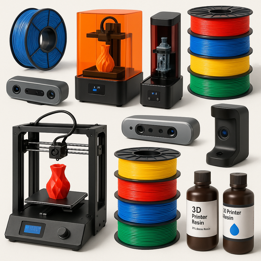 Collage of 3D printing equipment including scanners, filaments, and resin