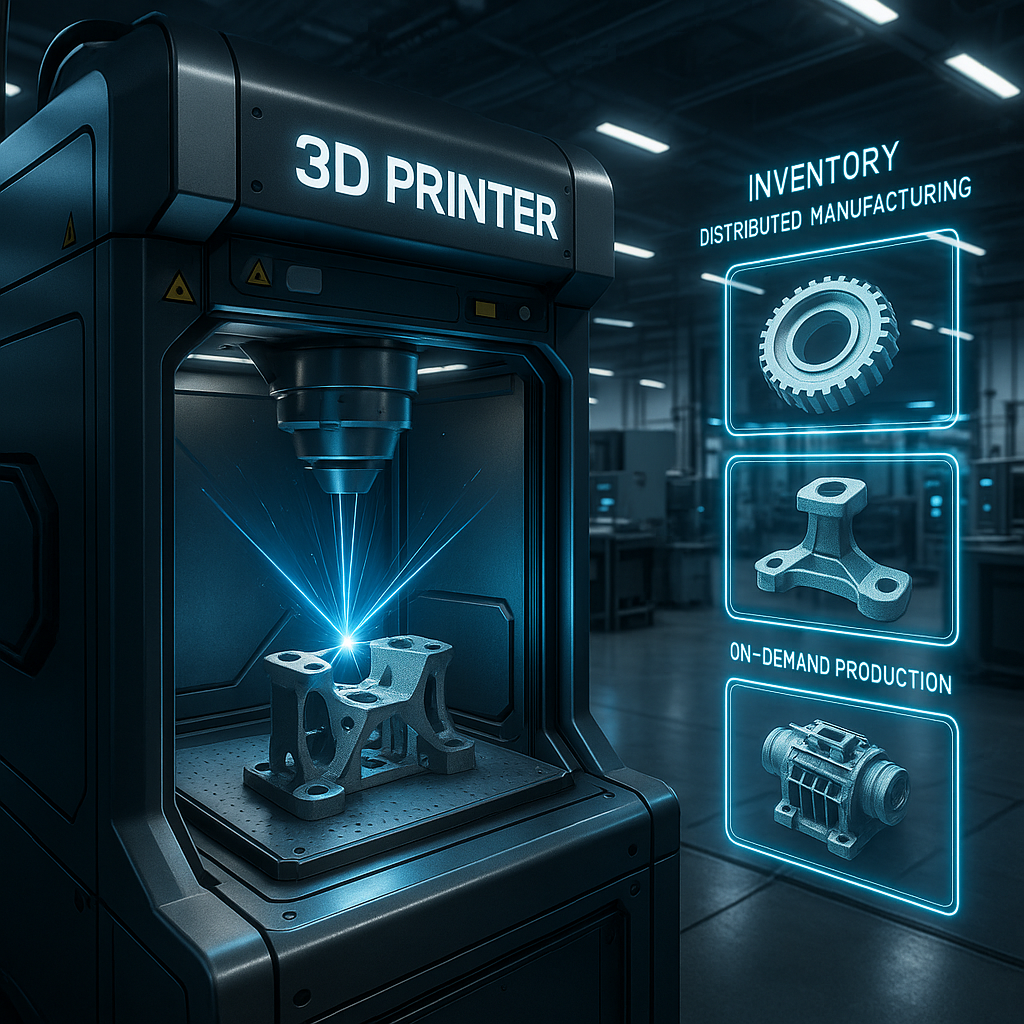 Metal 3D printer producing complex parts with digital inventory holograms in an advanced manufacturing setting