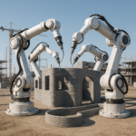 Four robotic arms collaboratively 3D printing a complex house structure on a construction site