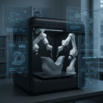 Desktop 3D printer with 5-axis arms printing a complex curved object with automation software interface