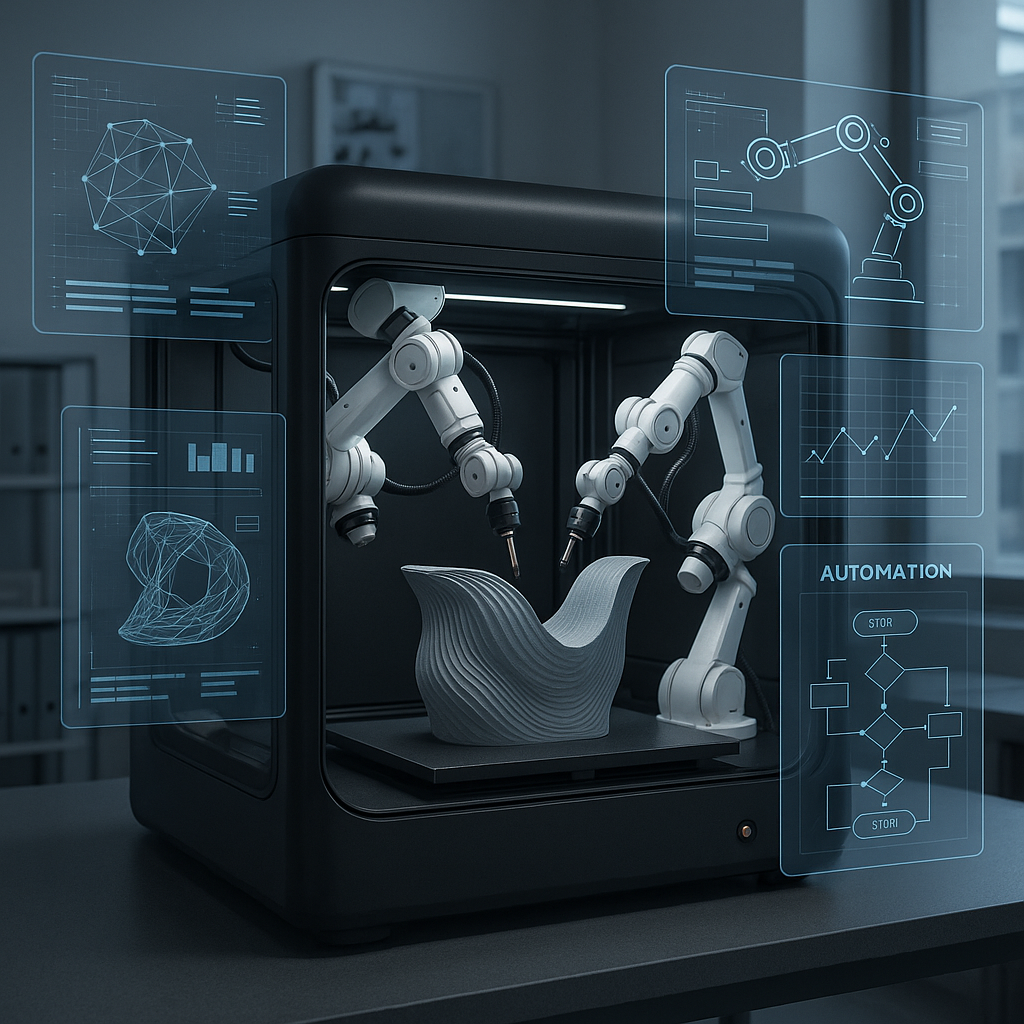 Desktop 3D printer with 5-axis arms printing a complex curved object with automation software interface