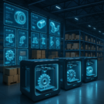 Futuristic digital inventory warehouse with 3D printers producing on-demand spare parts