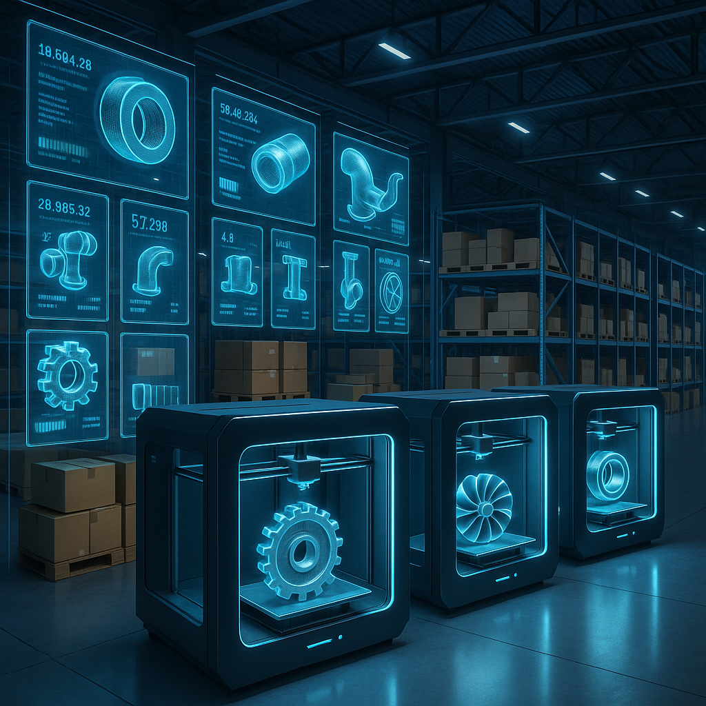 Futuristic digital inventory warehouse with 3D printers producing on-demand spare parts