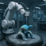 Robotic arm 3D printing a soft robot with curved layers