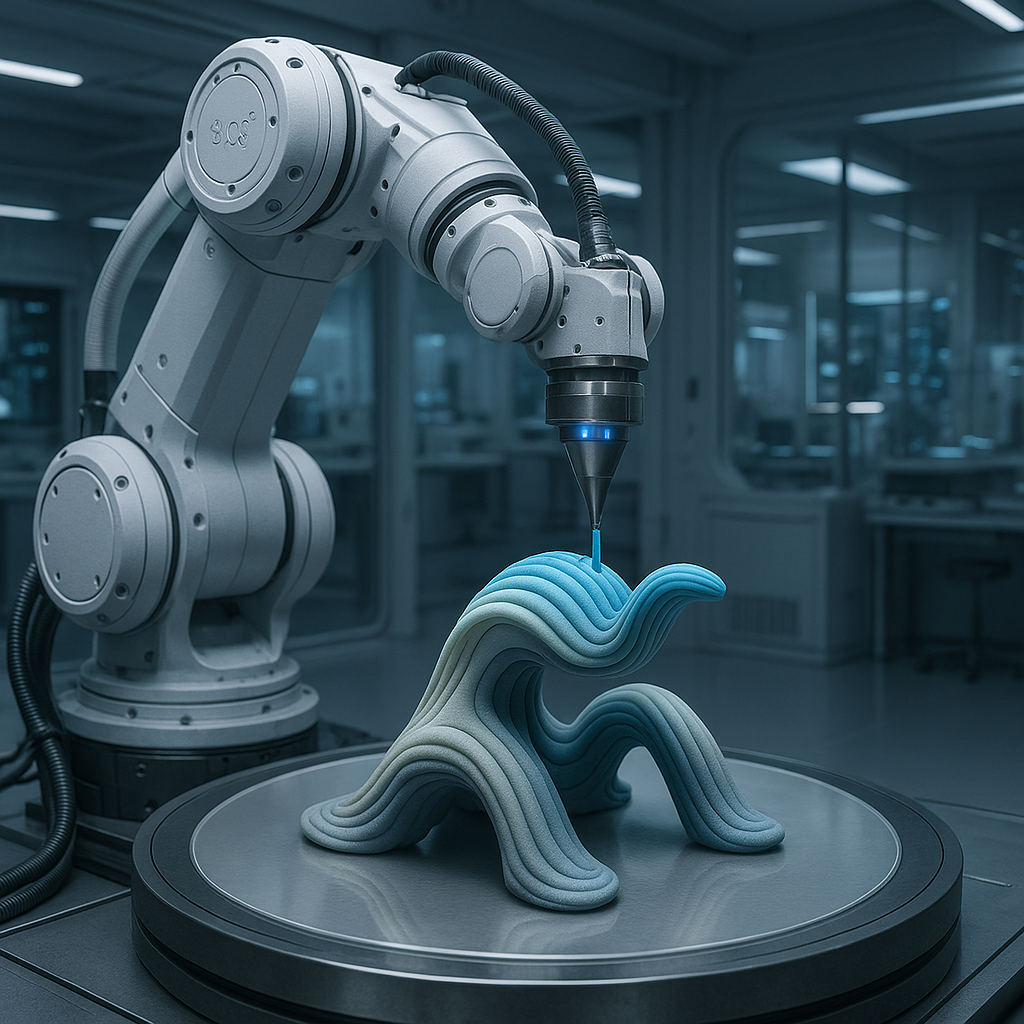 Robotic arm 3D printing a soft robot with curved layers