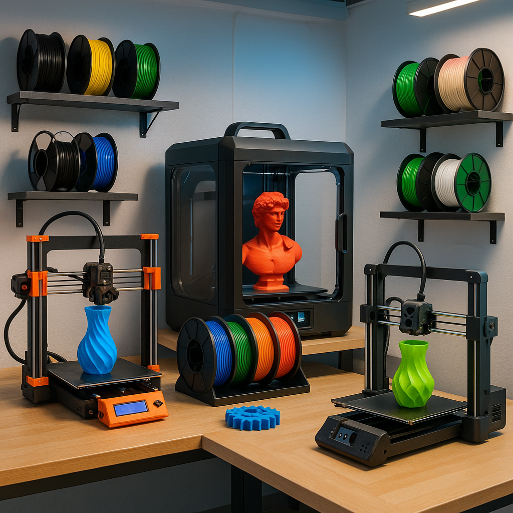 3D printing workspace with printers, filaments, and scanners