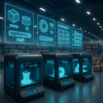 Digital inventory concept with 3D printers producing parts on demand in a high-tech warehouse