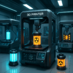 Multiple 3D printers collaboratively manufacturing next-gen nuclear batteries in a high-tech lab