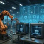 Advanced 3D printing service producing spare parts on demand in a high-tech warehouse