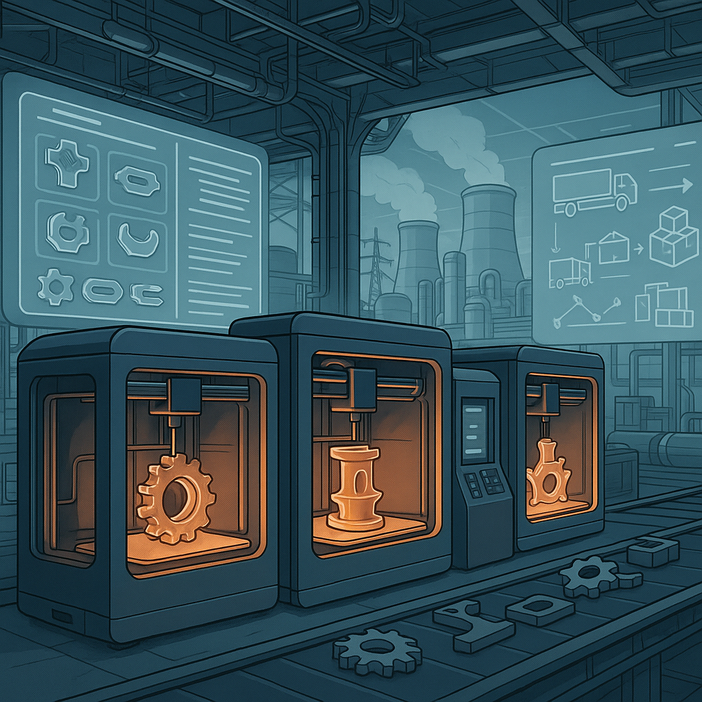 3D printers producing spare parts with digital inventory overlays in an energy plant setting