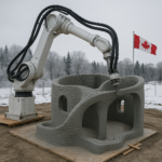 Robotic arm 3D printing a curved concrete house structure outdoors in Canada