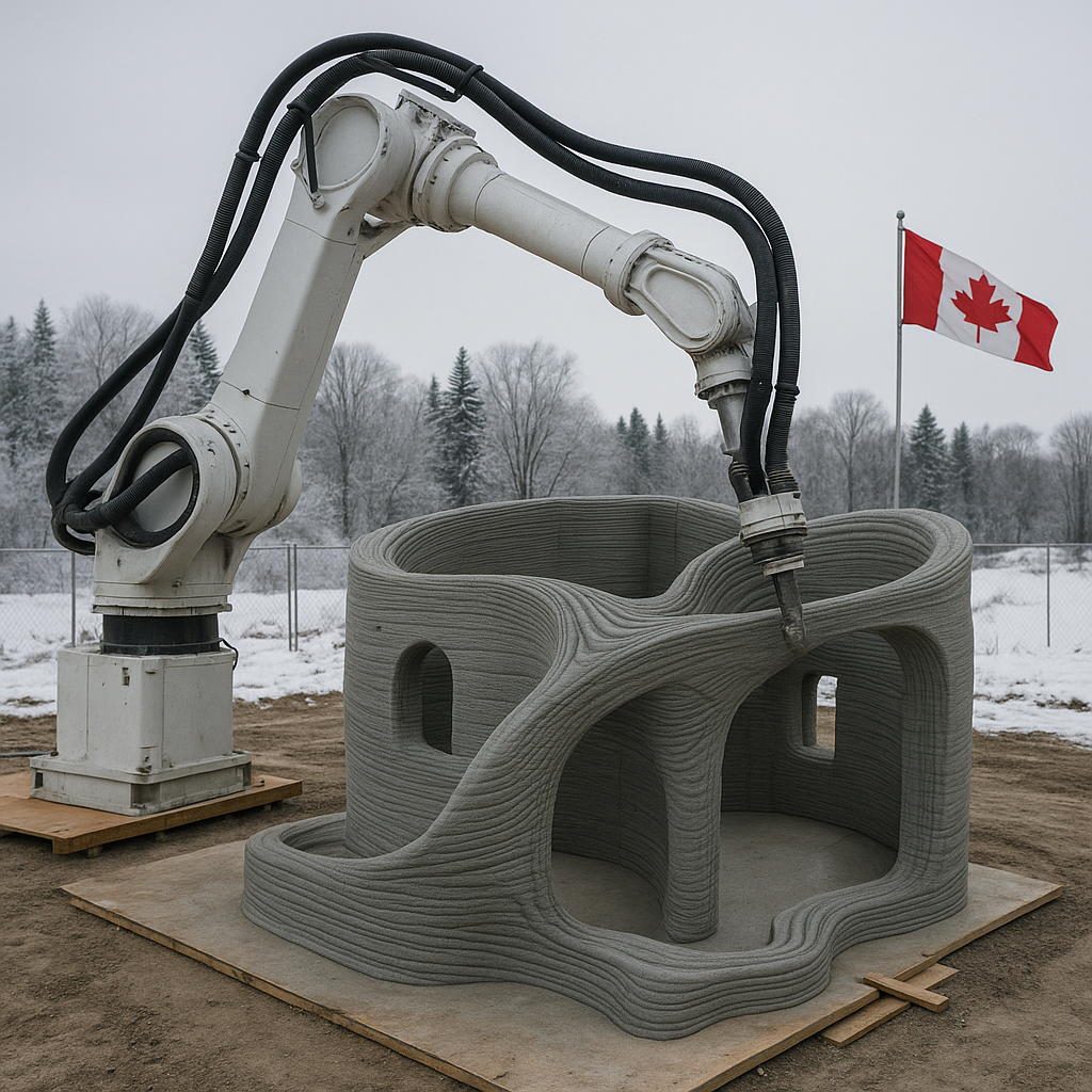 Robotic arm 3D printing a curved concrete house structure outdoors in Canada