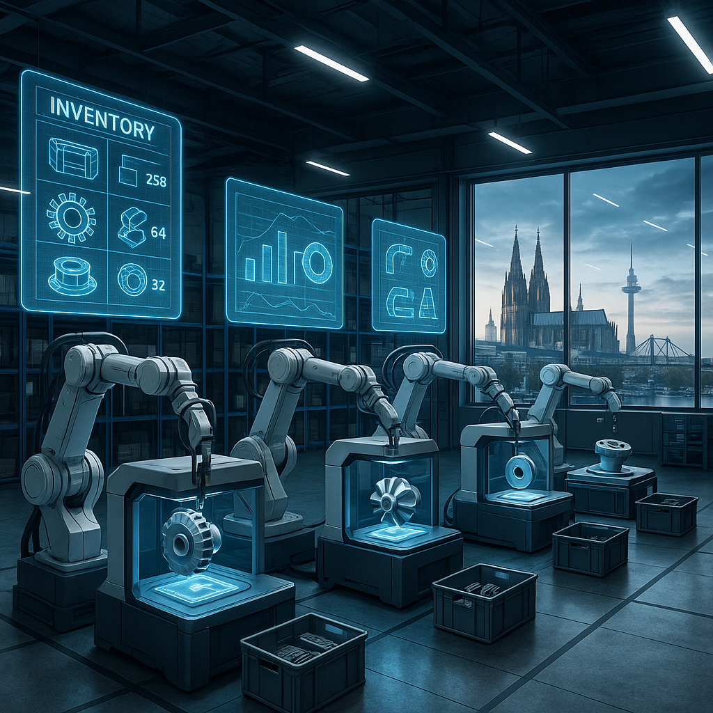 High-tech warehouse with 3D printers producing spare parts on demand in Europe