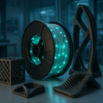 Spool of fiber-reinforced smart filament with futuristic 3D printed parts in a lab