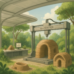 Open-air 3D printing lab producing sustainable living structures with bio-embedded materials