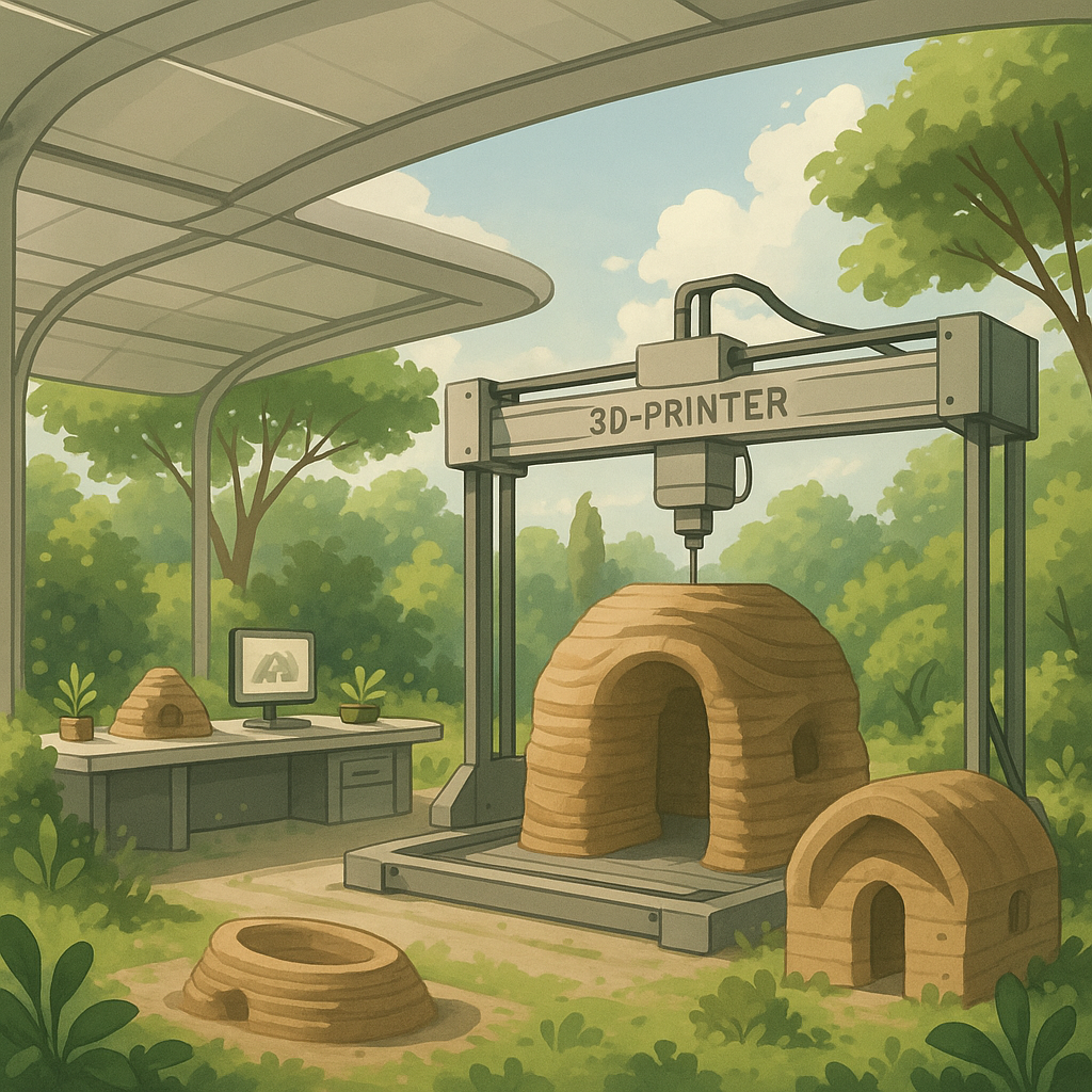 Open-air 3D printing lab producing sustainable living structures with bio-embedded materials