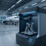 3D printer producing aerospace spare part in a high-tech hangar