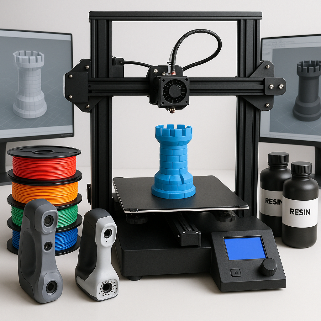 3D printer with filaments, scanners, and resin bottles on workspace