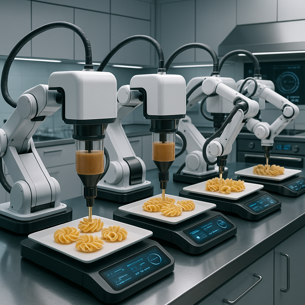 Multiple 3D printers collaboratively printing pasta in a high-tech food manufacturing setting