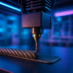 3D printer extruding fiber-reinforced smart filament with visible embedded fibers