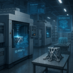 Advanced metal 3D printing machines in a modern distributed manufacturing facility with digital inventory holograms