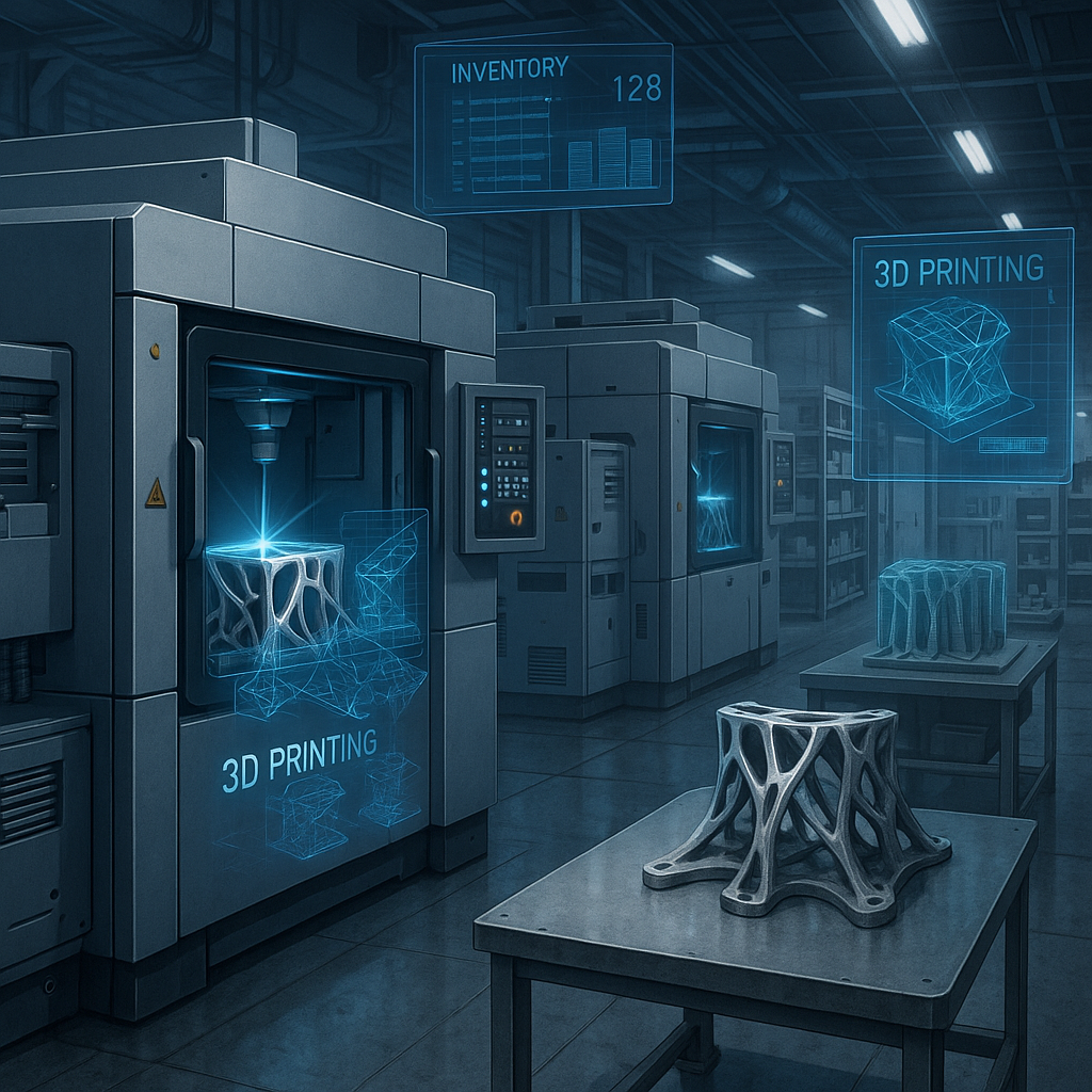 Advanced metal 3D printing machines in a modern distributed manufacturing facility with digital inventory holograms