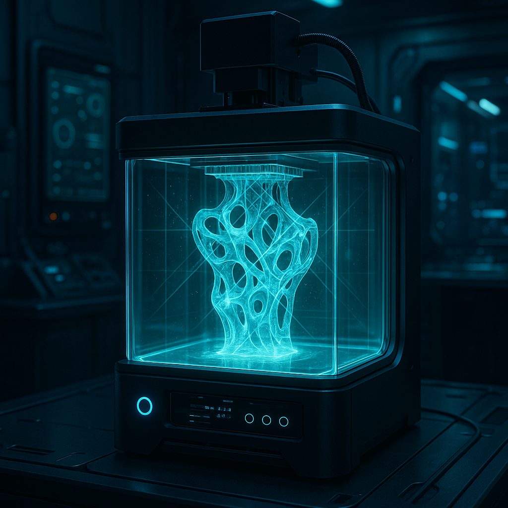 Volumetric 3D printer producing a complex object inside a resin chamber with light projections
