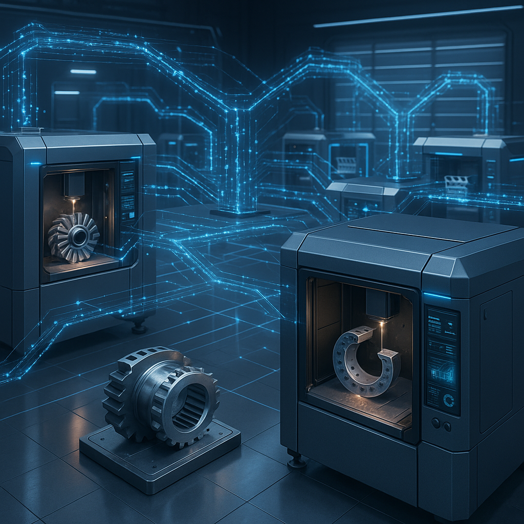 Distributed metal 3D printing machines connected via digital networks representing on-demand manufacturing and digital inventory