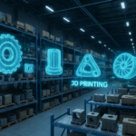 Futuristic warehouse showcasing digital inventory and 3D printed parts on demand