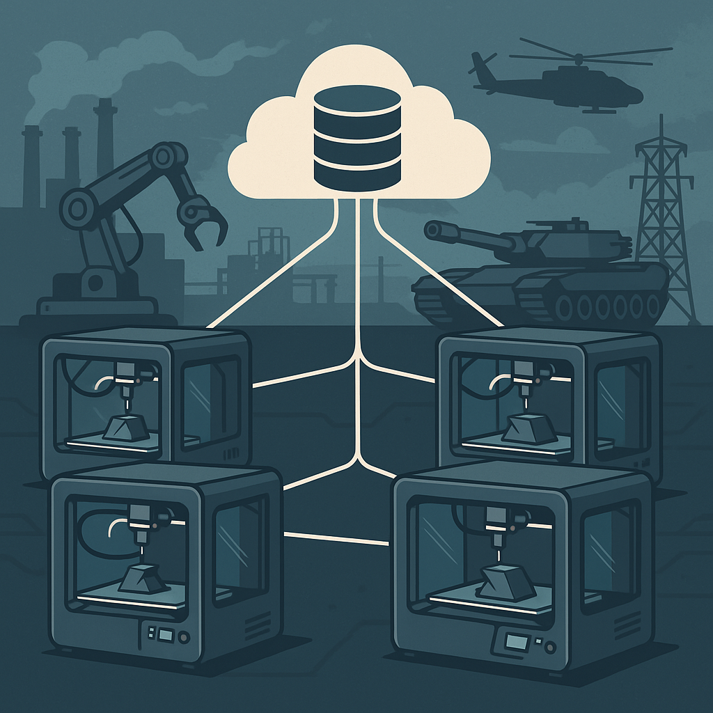 Distributed manufacturing network with 3D printers and digital inventory for defense applications