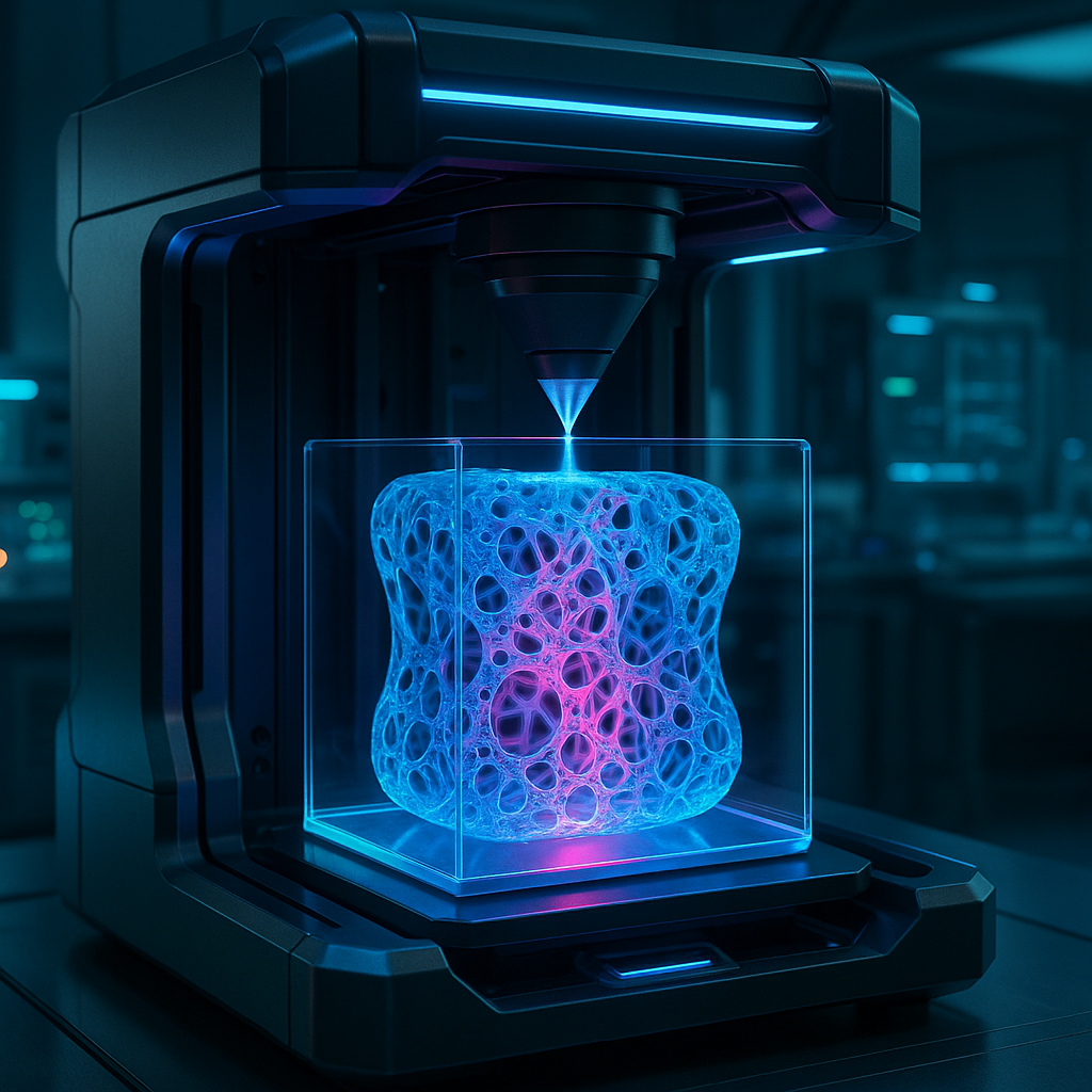 Volumetric 3D printer fabricating hydrogel-infused composite material in a high-tech lab