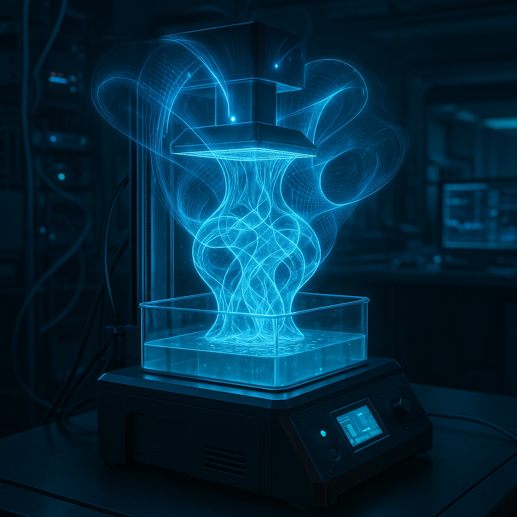 Volumetric 3D printing using holographic light fields creating a glowing 3D object inside a resin chamber