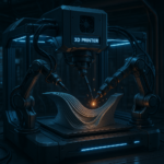 Multi-axis 3D printer depositing material on a curved aerospace part in an advanced manufacturing environment