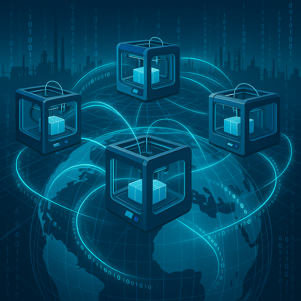 Networked 3D printing facilities connected by digital data streams representing distributed manufacturing