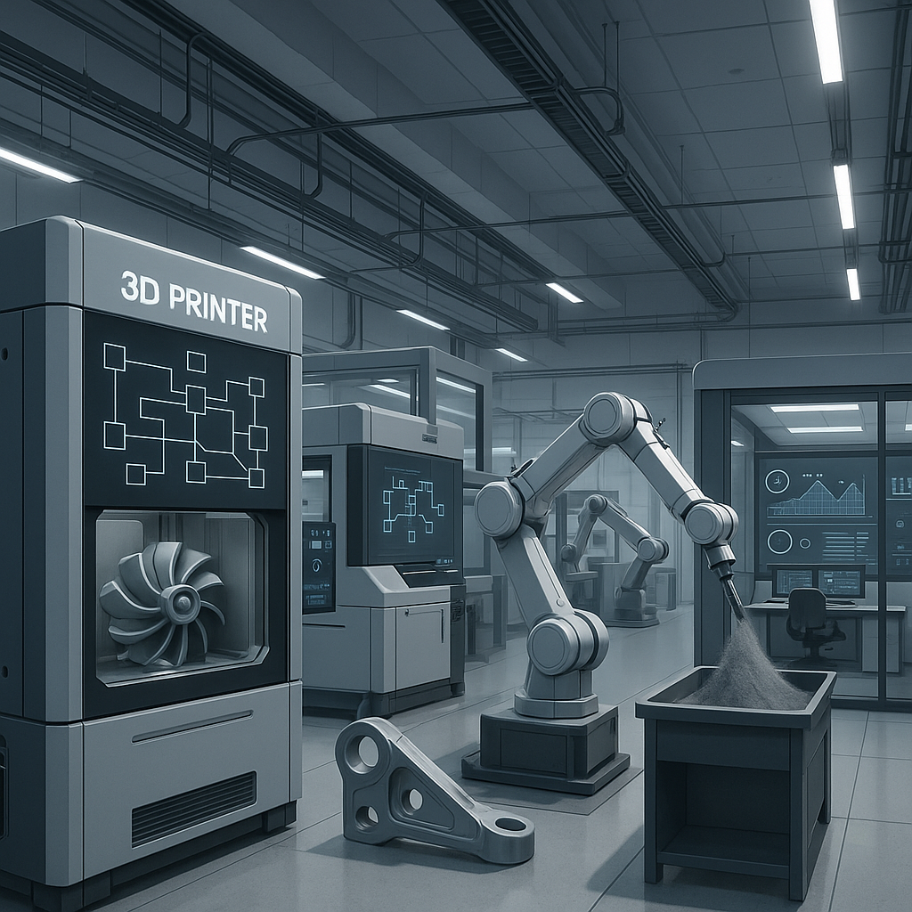 Advanced metal 3D printing machines in a distributed manufacturing facility with digital inventory management