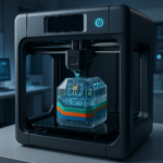 3D printer fabricating a multi-material prototype with embedded sensors in a high-tech lab