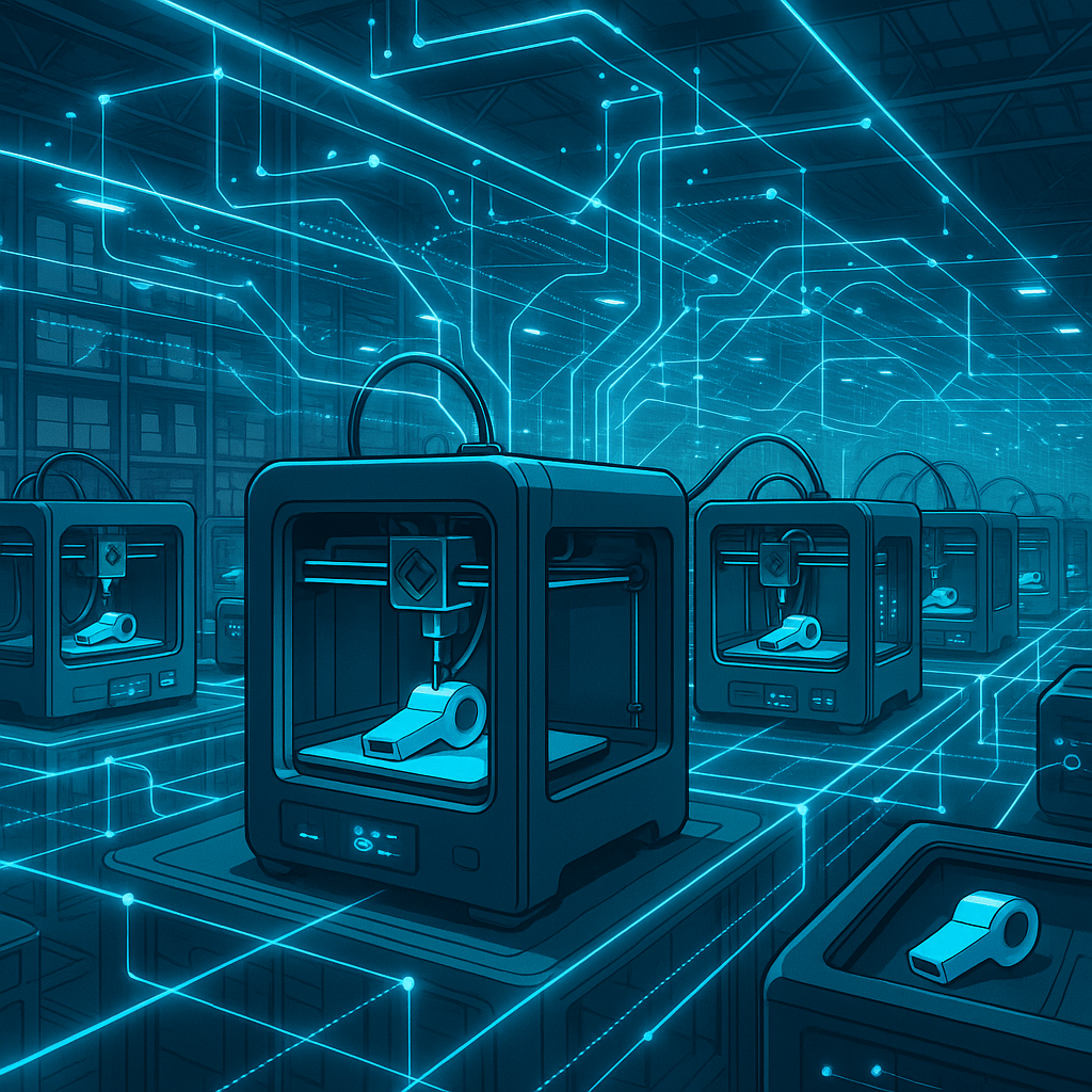 3D printers producing whistles in a distributed manufacturing network