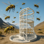 Swarm of wasp-like 3D printing drones building a structure in a remote area