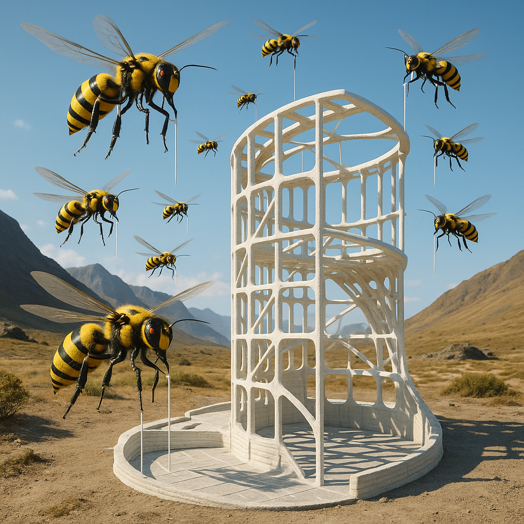 Swarm of wasp-like 3D printing drones building a structure in a remote area