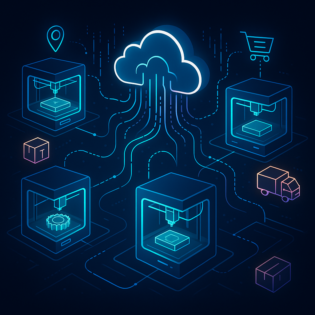 Distributed manufacturing network with connected 3D printers producing parts on demand