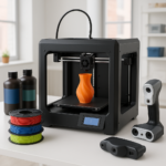 3D printer with filaments and scanners in workshop