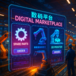 Digital manufacturing marketplace concept with factories producing on-demand spare parts