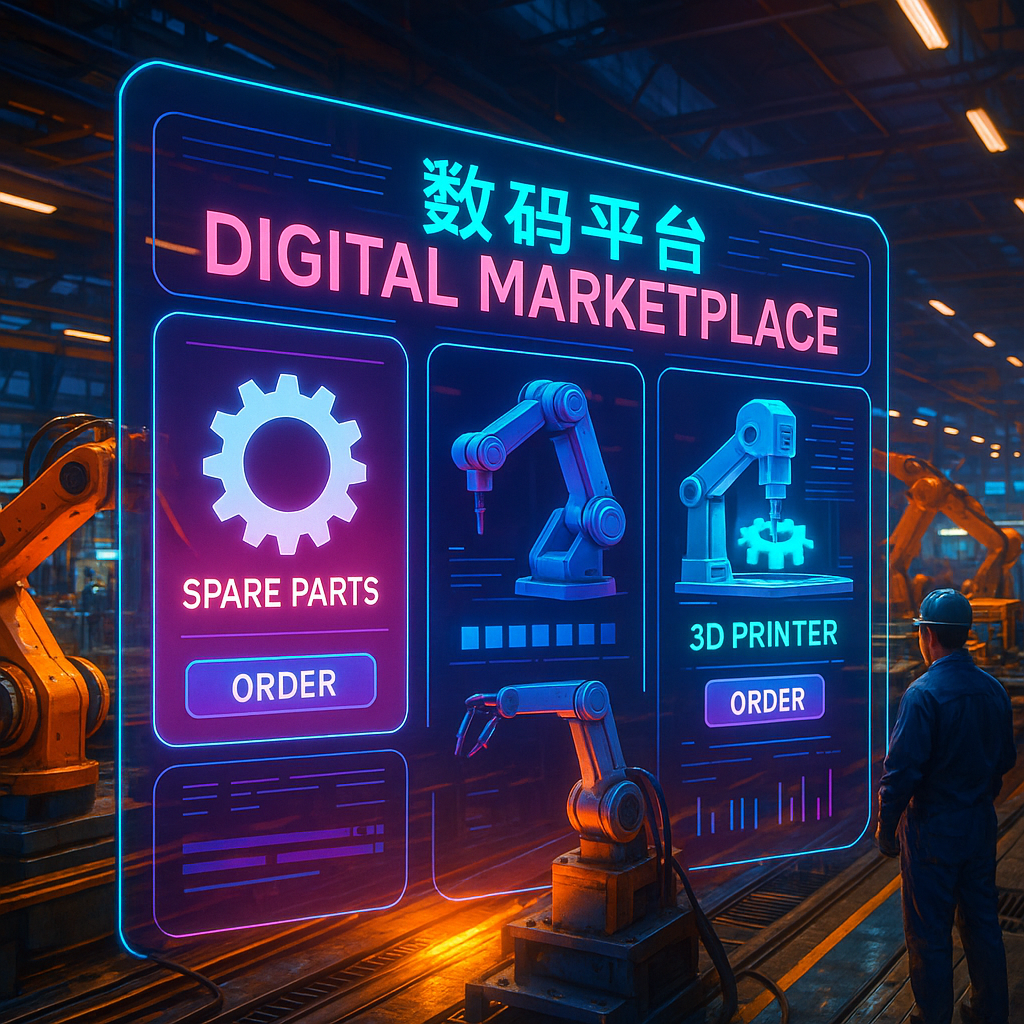 Digital manufacturing marketplace concept with factories producing on-demand spare parts