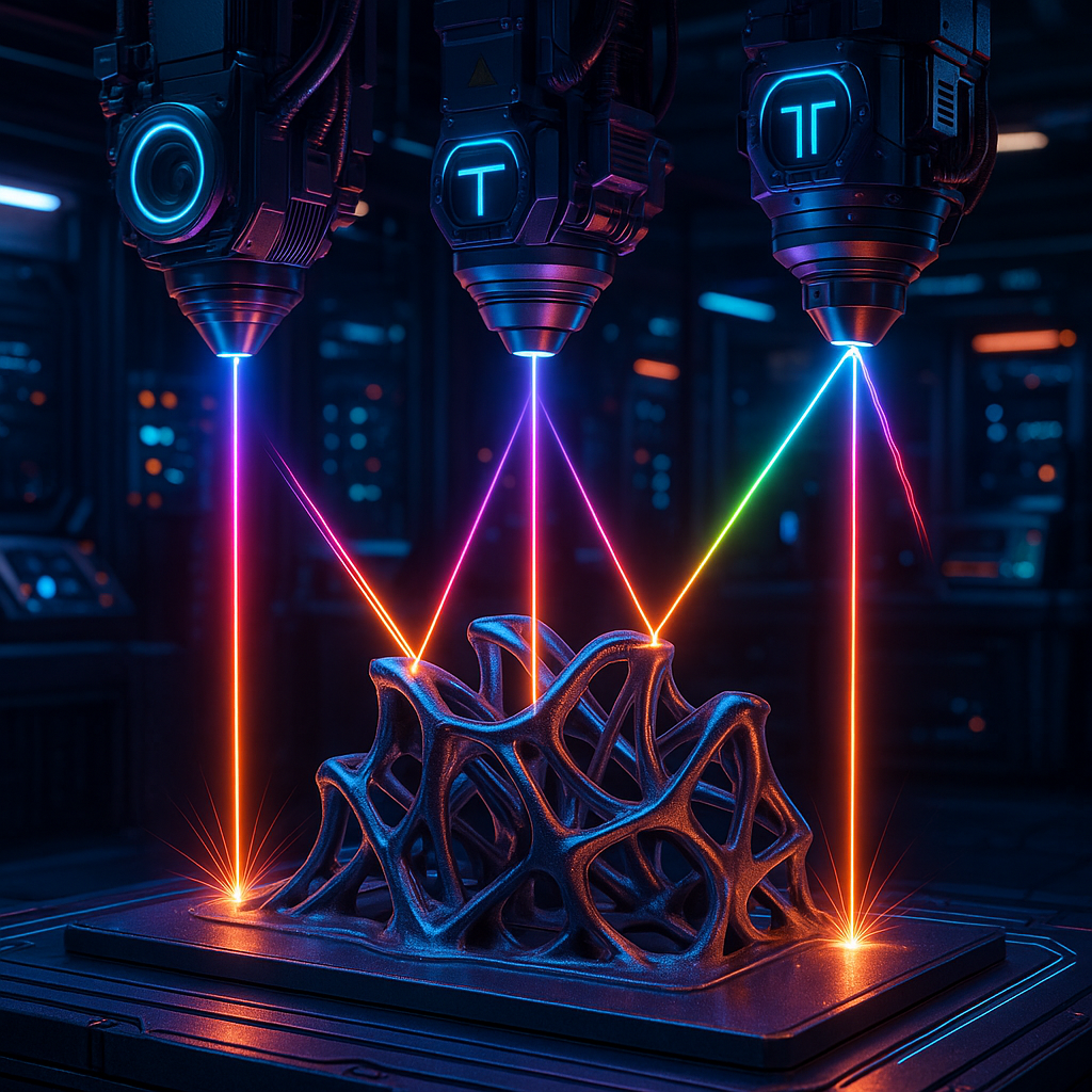 Multiple laser beams with shaped profiles collaboratively 3D printing a complex object in a high-tech environment