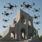 Swarm of autonomous 3D printing drones collaboratively building a large structure outdoors